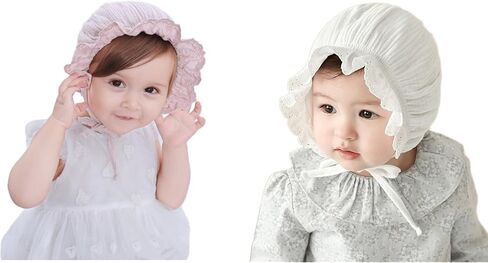 2PCS Baby-Sun-Christening-Hats - Soft Pink+White Bonnet Hat for Boys & Girls 3-12M, Newborn Soft Seersucker Summer Hat in Saudi Arabia