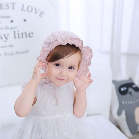 2PCS Baby-Sun-Christening-Hats - Soft Pink+White Bonnet Hat for Boys & Girls 3-12M, Newborn Soft Seersucker Summer Hat in Saudi Arabia