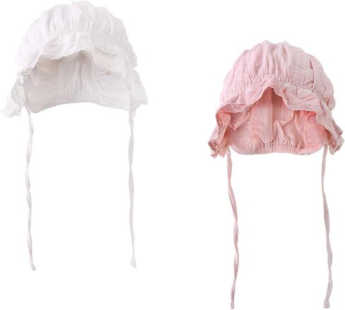 2PCS Baby-Sun-Christening-Hats - Soft Pink+White Bonnet Hat for Boys & Girls 3-12M, Newborn Soft Seersucker Summer Hat in Saudi Arabia