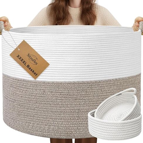 xxxxxl 125l سلة بطانية كبيرة إضافية ، 24.8 "× 16" سلة منسوجة من Jumbo (تشمل 2 سلال لطيف) ، سلة حبل القطن مع مقبض لغرفة المعيشة ، حضانة ألعاب الطفل ، الغسيل ، ديكور المنزل (أبيض/بني) in Kuwait