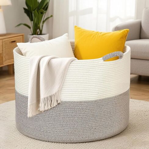 xxxxxl 125l سلة بطانية كبيرة إضافية ، 24.8 "× 16" سلة منسوجة من Jumbo (تشمل 2 سلال لطيف) ، سلة حبل القطن مع مقبض لغرفة المعيشة ، حضانة ألعاب الطفل ، الغسيل ، ديكور المنزل (أبيض/بني) in Kuwait