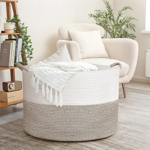 xxxxxl 125l سلة بطانية كبيرة إضافية ، 24.8 "× 16" سلة منسوجة من Jumbo (تشمل 2 سلال لطيف) ، سلة حبل القطن مع مقبض لغرفة المعيشة ، حضانة ألعاب الطفل ، الغسيل ، ديكور المنزل (أبيض/بني) in Kuwait