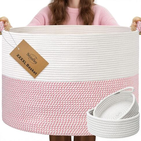 XXXXL 125L Extra Large Blanket Basket, 24.8" x 16" Jumbo Woven Basket (Includes 2 Cute Baskets), Cotton Rope Basket with Handle for Living Room, Baby Toys Nursery, Laundry, Home Decor (White/Brown) in Kuwait