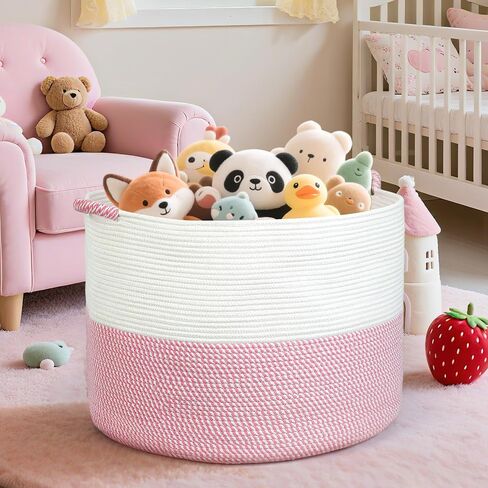 XXXXL 125L Extra Large Blanket Basket, 24.8" x 16" Jumbo Woven Basket (Includes 2 Cute Baskets), Cotton Rope Basket with Handle for Living Room, Baby Toys Nursery, Laundry, Home Decor (White/Brown) in Kuwait