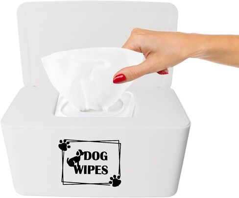 مناديل الكلب Klmnop لتنظيف Paw & Butt ، 8.3l × 4.9W × 3.9H بوصة الحامل مع الغطاء ، قابلة لإعادة التعبئة والمحمولة (أبيض) in Kuwait