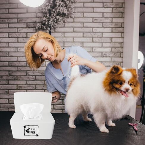 مناديل الكلب Klmnop لتنظيف Paw & Butt ، 8.3l × 4.9W × 3.9H بوصة الحامل مع الغطاء ، قابلة لإعادة التعبئة والمحمولة (أبيض) in Kuwait