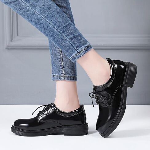 OKJ Oxford Shoes for Women Black Tie Women's Oxfords Shiny Leather Comfortable Slip on Lace up Ladies Loafers Business Casual Dress Work Office Shoes in Kuwait