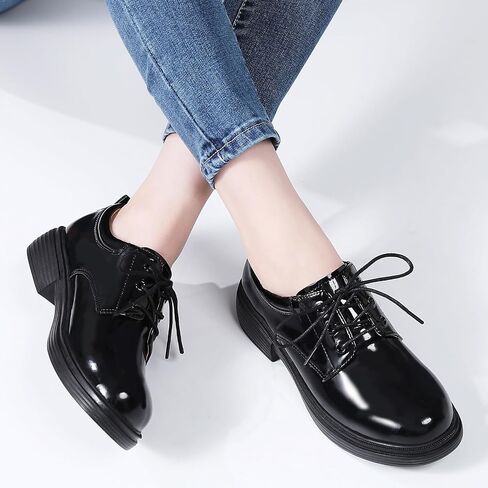 OKJ Oxford Shoes for Women Black Tie Women's Oxfords Shiny Leather Comfortable Slip on Lace up Ladies Loafers Business Casual Dress Work Office Shoes in Kuwait