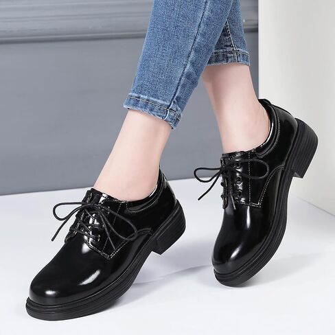 OKJ Oxford Shoes for Women Black Tie Women's Oxfords Shiny Leather Comfortable Slip on Lace up Ladies Loafers Business Casual Dress Work Office Shoes in Kuwait
