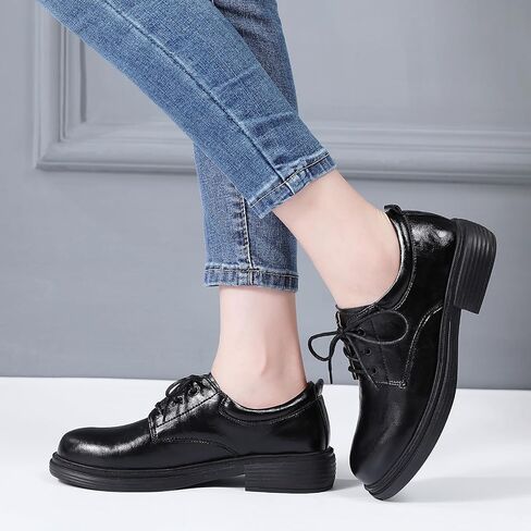 OKJ Oxford Shoes for Women Black Tie Women's Oxfords Shiny Leather Comfortable Slip on Lace up Ladies Loafers Business Casual Dress Work Office Shoes in Kuwait