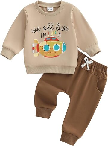 Toddler Baby Boy Clothes Fall Winter Outfit Long Sleeve Sweatshirt Truck/Sub Print Pullover Solid Pant Set in Saudi Arabia