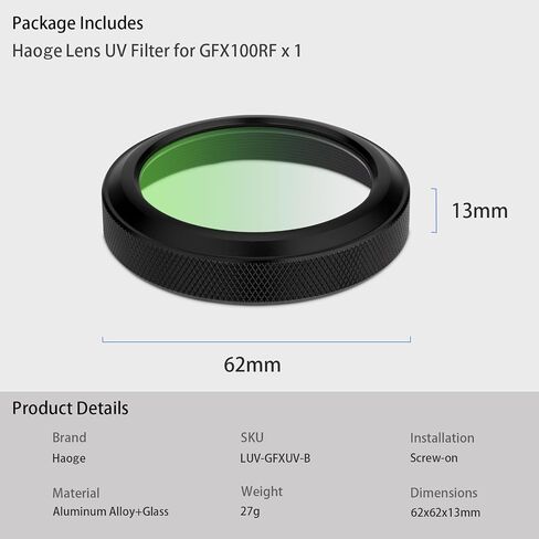 Haoge MC UV Camera Lens Protection Filter for Fujifilm GFX100RF Camera Compatible with Original Lens Cap, No Lens Hood Adapter Needed. Black LUV-GFXUV-B in Saudi Arabia