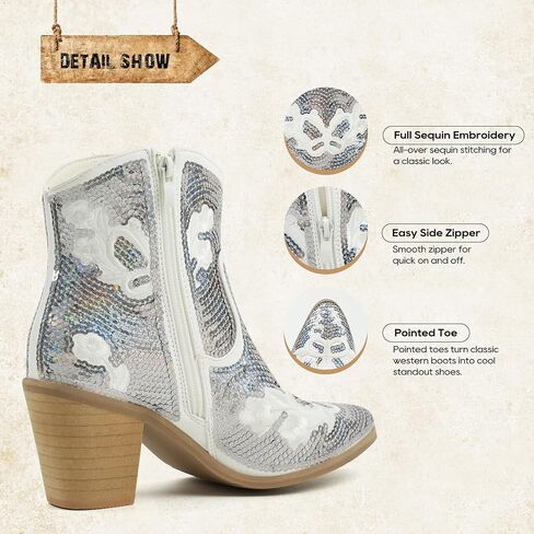 JABASIC Women Western Cowboy Ankle Boots Low Cowgirl Boots with Zipper Short Pointed Toe Booties in Saudi Arabia