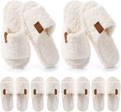 6 Pair Wedding Fuzzy Women's Slippers Bulk White Open Toe Bridesmaid Slippers for Bachelorette Party Bridal Shower Gifts Cozy Indoor Outdoor Memory Foam Slip on House Shoes in Saudi Arabia