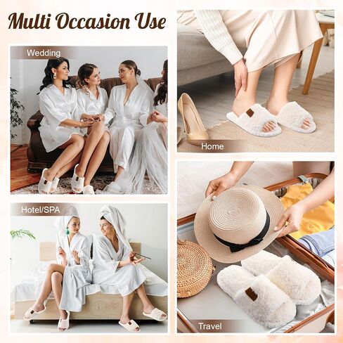 6 Pair Wedding Fuzzy Women's Slippers Bulk White Open Toe Bridesmaid Slippers for Bachelorette Party Bridal Shower Gifts Cozy Indoor Outdoor Memory Foam Slip on House Shoes in Saudi Arabia