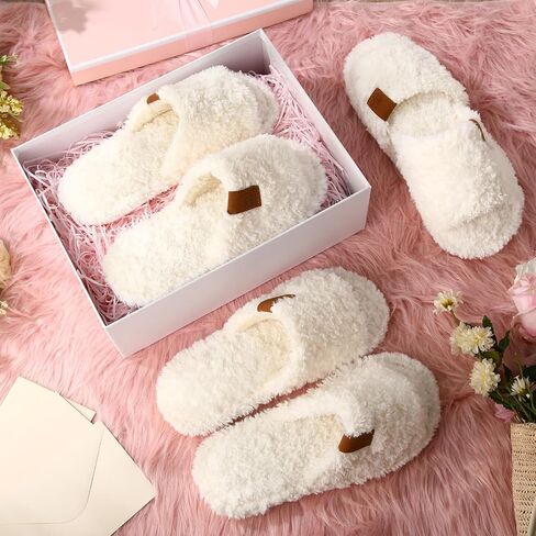 6 Pair Wedding Fuzzy Women's Slippers Bulk White Open Toe Bridesmaid Slippers for Bachelorette Party Bridal Shower Gifts Cozy Indoor Outdoor Memory Foam Slip on House Shoes in Saudi Arabia