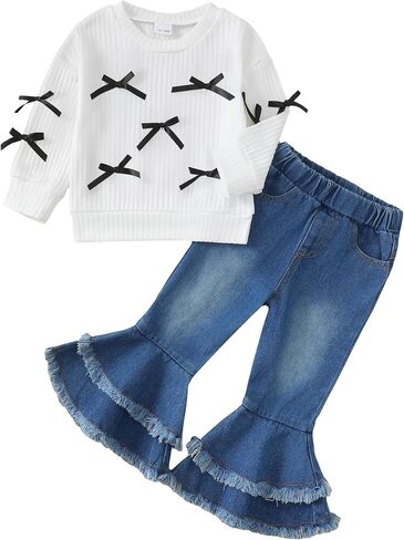 Renotemy Toddler Baby Girl Clothes Fall Winter Outfit, Bow Sweatshirt Denim Bell Bottom Jeans Outfits for 1-5 Year Girls in Saudi Arabia