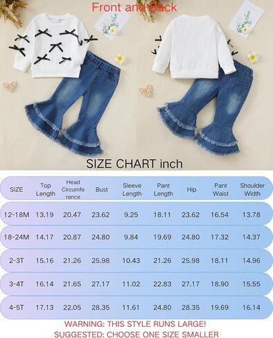 Renotemy Toddler Baby Girl Clothes Fall Winter Outfit, Bow Sweatshirt Denim Bell Bottom Jeans Outfits for 1-5 Year Girls in Saudi Arabia
