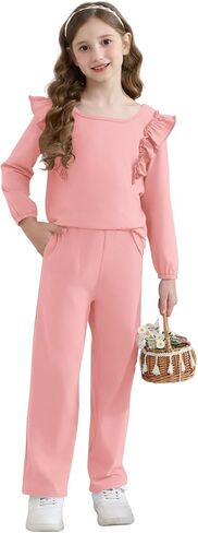 Girls 2 Piece Outfits Ruffle Long Sleeve T-Shirts Cute Tops and Pant Set with Pockets (3-10 Years) in Kuwait