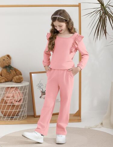 Girls 2 Piece Outfits Ruffle Long Sleeve T-Shirts Cute Tops and Pant Set with Pockets (3-10 Years) in Kuwait