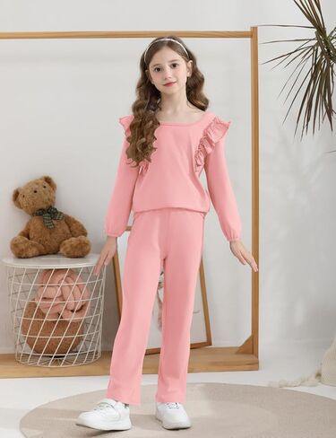 Girls 2 Piece Outfits Ruffle Long Sleeve T-Shirts Cute Tops and Pant Set with Pockets (3-10 Years) in Kuwait