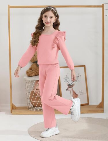 Girls 2 Piece Outfits Ruffle Long Sleeve T-Shirts Cute Tops and Pant Set with Pockets (3-10 Years) in Kuwait