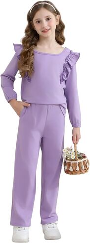Girls 2 Piece Outfits Ruffle Long Sleeve T-Shirts Cute Tops and Pant Set with Pockets (3-10 Years) in Kuwait
