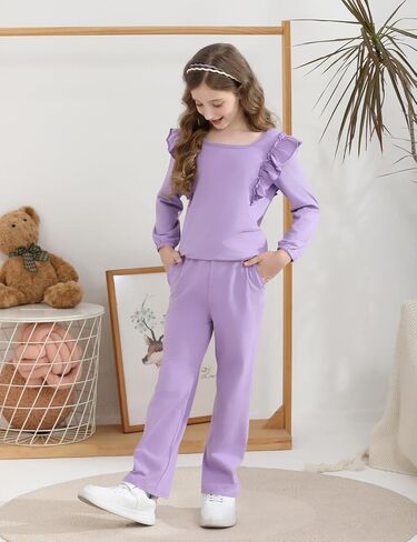 Girls 2 Piece Outfits Ruffle Long Sleeve T-Shirts Cute Tops and Pant Set with Pockets (3-10 Years) in Kuwait