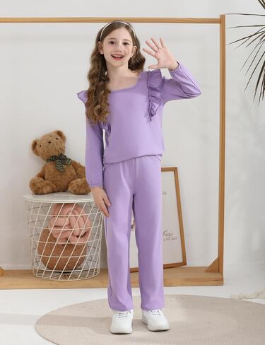 Girls 2 Piece Outfits Ruffle Long Sleeve T-Shirts Cute Tops and Pant Set with Pockets (3-10 Years) in Kuwait