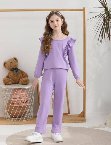 Girls 2 Piece Outfits Ruffle Long Sleeve T-Shirts Cute Tops and Pant Set with Pockets (3-10 Years) in Kuwait