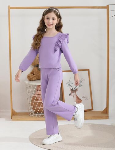 Girls 2 Piece Outfits Ruffle Long Sleeve T-Shirts Cute Tops and Pant Set with Pockets (3-10 Years) in Kuwait