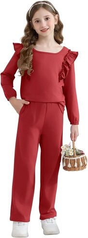 Girls 2 Piece Outfits Ruffle Long Sleeve T-Shirts Cute Tops and Pant Set with Pockets (3-10 Years) in Kuwait