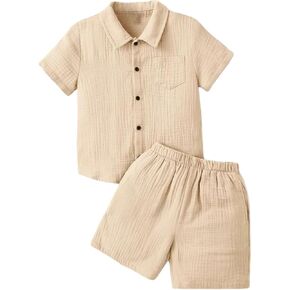 OPTRANEST Toddler Baby Boy Summer Clothes Color Block Short Sleeve Button-down Shirt Tops + Cotton Pants Outfit Set in Saudi Arabia