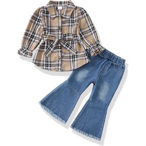 XUANHAO Baby Girl Clothes Fall Winter Toddler Outfits for Girls Flannel Plaid Shirt Tops Flare Jeans Pants Girls Clothing Set in Saudi Arabia