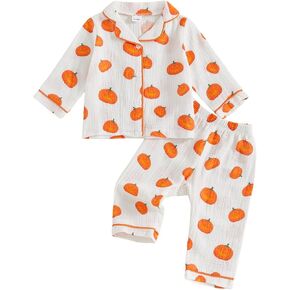 Kids Baby Boy Girl Halloween Pajamas Set Cotton Linen Button Down Pumpkin Long Sleeve Shirts Tops and Pants Pj Sets in Kuwait