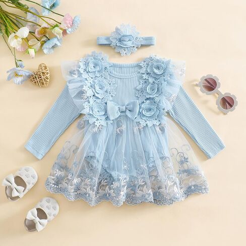 Douhoow Baby Girl Romper Dress Fress Embroidery Lace Flowers Baby Dress Romper Fall Winter Festival With Withbelder in Kuwait