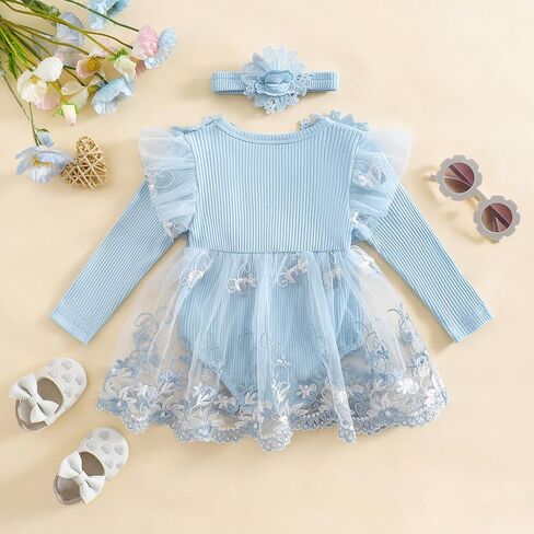 Douhoow Baby Girl Romper Dress Fress Embroidery Lace Flowers Baby Dress Romper Fall Winter Festival With Withbelder in Kuwait