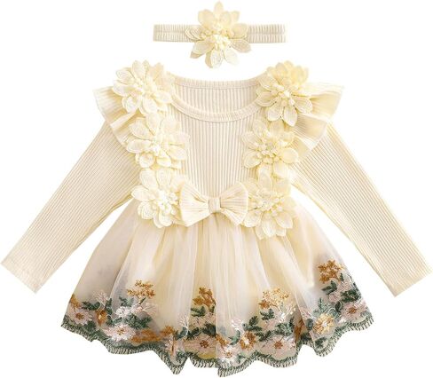 Douhoow Baby Girl Romper Dress Fress Embroidery Lace Flowers Baby Dress Romper Fall Winter Festival With Withbelder in Saudi Arabia
