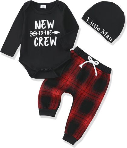 Renotemy Newborn Baby Boy Fall Clothes, Long Sleeve Letter Printed Rompers Plaid Pants Hat Outfits Clothing Set 0-18 Months in Saudi Arabia