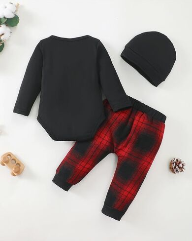 Renotemy Newborn Baby Boy Fall Clothes, Long Sleeve Letter Printed Rompers Plaid Pants Hat Outfits Clothing Set 0-18 Months in Saudi Arabia