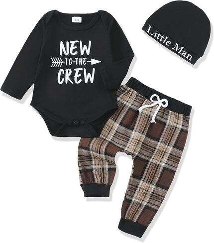 Renotemy Newborn Baby Boy Fall Clothes, Long Sleeve Letter Printed Rompers Plaid Pants Hat Outfits Clothing Set 0-18 Months in Saudi Arabia