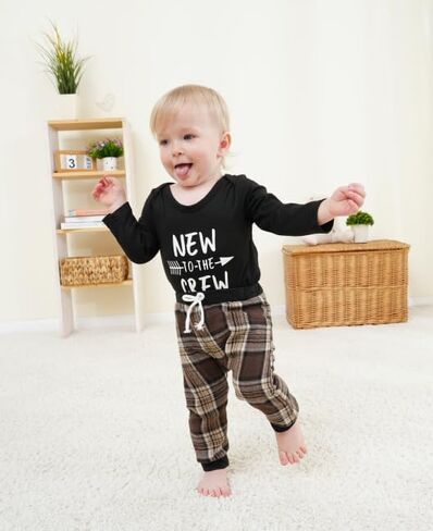 Renotemy Newborn Baby Boy Fall Clothes, Long Sleeve Letter Printed Rompers Plaid Pants Hat Outfits Clothing Set 0-18 Months in Saudi Arabia