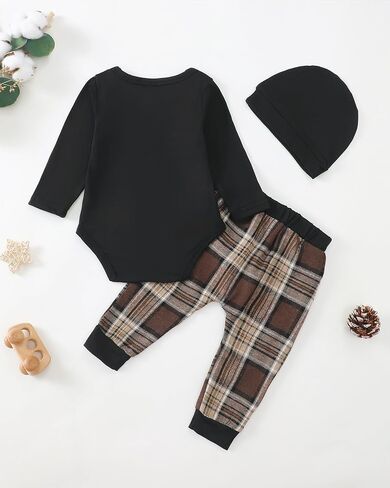 Renotemy Newborn Baby Boy Fall Clothes, Long Sleeve Letter Printed Rompers Plaid Pants Hat Outfits Clothing Set 0-18 Months in Saudi Arabia