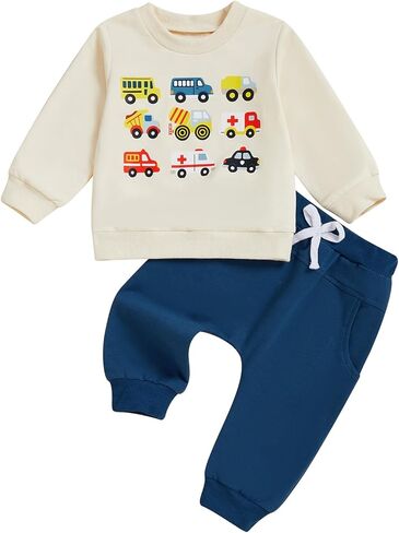 Toddler Baby Boy Fall Outfit Vehicle Print Long Sleeve Sweatshirt and Elastic Pants Set 2Pcs Winter Clothes in Kuwait
