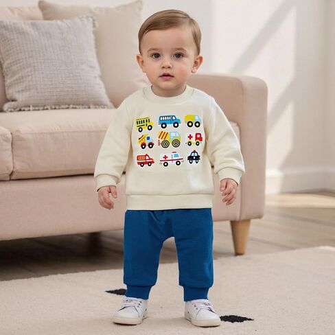 Toddler Baby Boy Fall Outfit Vehicle Print Long Sleeve Sweatshirt and Elastic Pants Set 2Pcs Winter Clothes in Kuwait