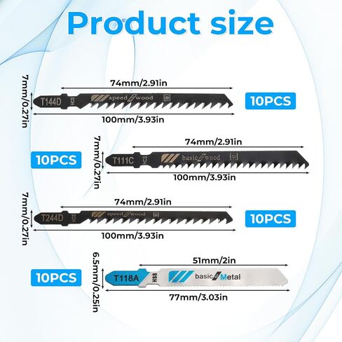 40 PCS Jigsaw Blades الخشب ، شفرات رقبة متخصصة في شفرات Long T Shank Jigsaw مجموعة طاقة القطع الصلب الكربونية لقطع PVC البلاستيكية الخشبية والمعادن (T144D ، T244D ، T111C ، T118A ، كل 10pcs) in Saudi Arabia