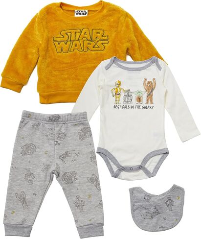 Star Wars Boys Infant قطعة واحدة bodysuit بأكمام طويلة من النوع الثقيل سراويل وركض السراويل والمرايل - 4 قطعة مريحة مجموعة in Kuwait