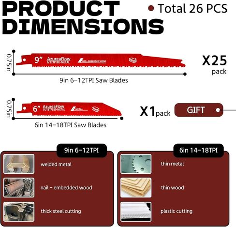 𝑵𝒆𝒘 25 Pack 9 Inch 6/12 TPI Reciprocating Saw Blades, 0.05in Thickened Bi-Metal Saw Blade for Wood Nail-Embedded Wood Cutting, Saw Blades Metal with 1 Pack 6in 14/18 TPI Blade in Kuwait