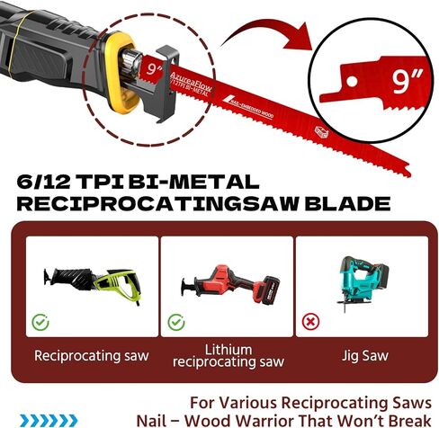 𝑵𝒆𝒘 25 Pack 9 Inch 6/12 TPI Reciprocating Saw Blades, 0.05in Thickened Bi-Metal Saw Blade for Wood Nail-Embedded Wood Cutting, Saw Blades Metal with 1 Pack 6in 14/18 TPI Blade in Kuwait