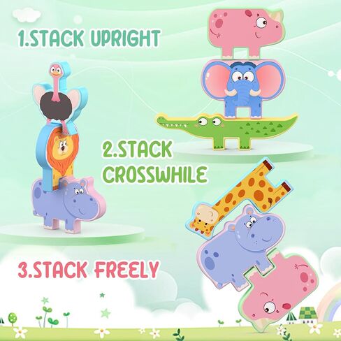 Montessori Toys for Toddlers, 10 Pack Wooden Animal Stacking Blocks, Sorting & Stacking Preschool Learning Activities, Gift for Boys, Girls in Kuwait
